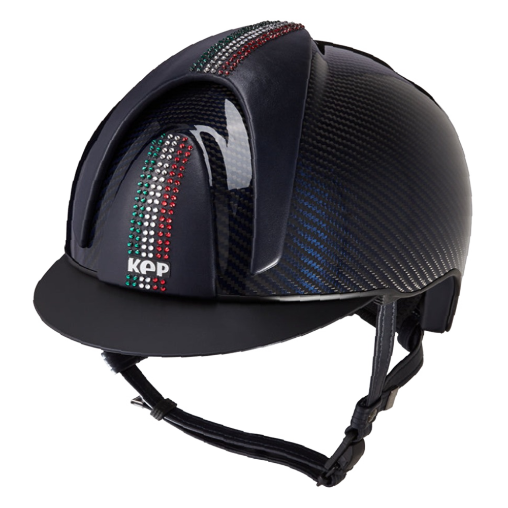 E-LIGHT Carbon Helmet - Blue Shine with 3 Leather Inserts & Swarovski Italian Flag by KEP